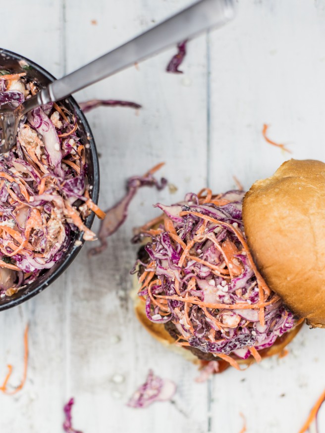 Bacon Bleu Cheese Cole Slaw Burger - A red cabage coleslaw topped on a half pound juicy burger. Amazing way to change up your burger night! dadwithapan.com