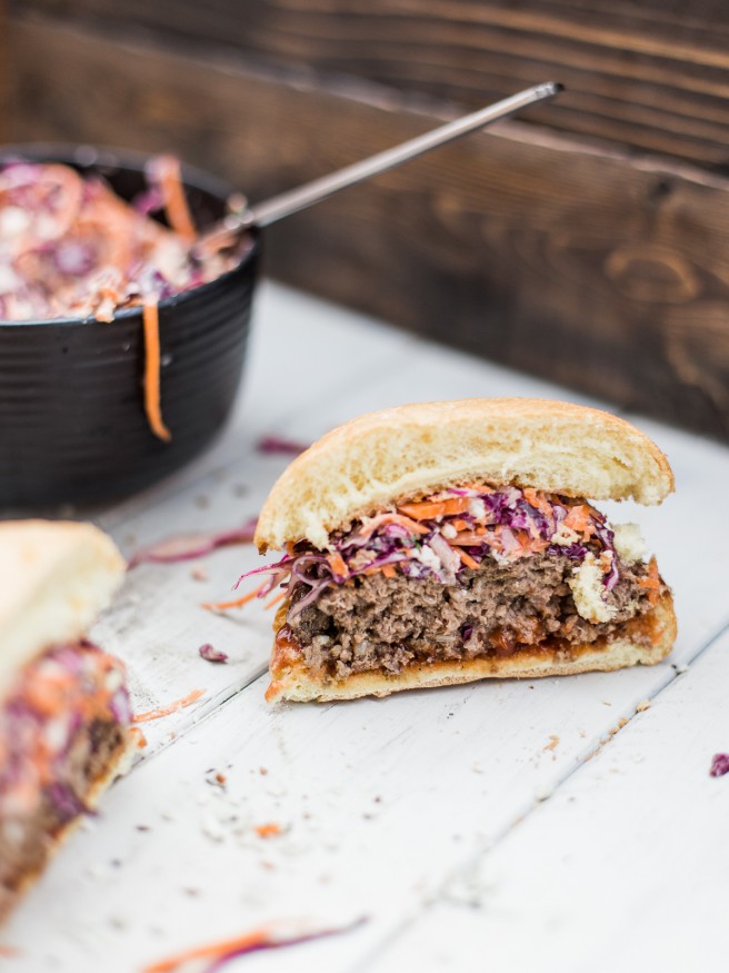 Bacon Bleu Cheese Cole Slaw Burger - A red cabage coleslaw topped on a half pound juicy burger. Amazing way to change up your burger night! dadwithapan.com