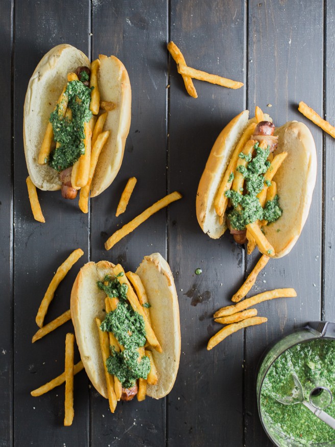 Chimichurri Fries on a bacon wrapped hot dog. YESSS!! - Dad With A Pan #Chimichurri #HotDog #Foodie