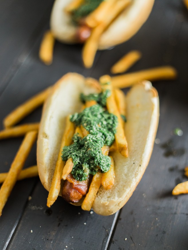 Chimichurri Fries on a bacon wrapped hot dog. YESSS!! - Dad With A Pan #Chimichurri #HotDog #Foodie