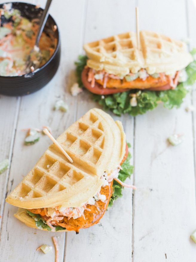 Buffalo Chicken Waffle Sandwich with a Carrot and Celery Bleu Cheese Slaw, This waffle sandwich is a buffalo wing meets chicken and waffles all in one! 