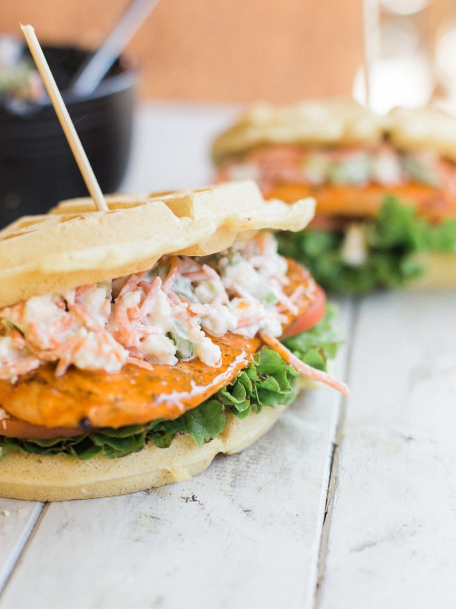 Buffalo Chicken Waffle Sandwich with a Carrot and Celery Bleu Cheese Slaw, This waffle sandwich is a buffalo wing meets chicken and waffles all in one! 