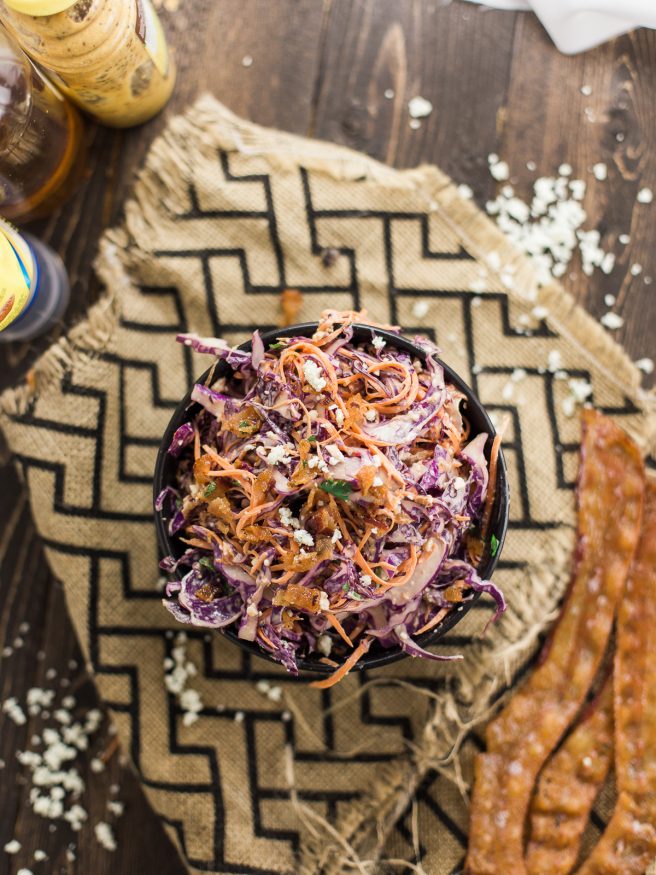 A Red Cabbage Cole Slaw with Bacon, Bleu Cheese, Dijon mustard, and a bit of cilantro makes this a fresh and flavorful cole slaw thats perfect for summer!