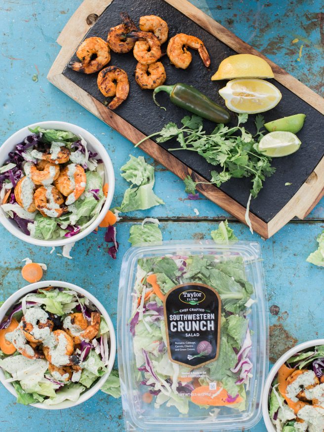 Grilled Margarita shrimp on a Southwestern Crunch Salad mix from Taylor Farms. Topped with a Jalapeno Cilantro Ranch dressing makes a perfect summer dinner!