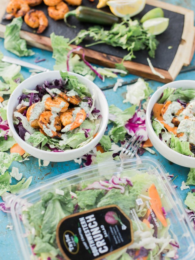 Grilled Margarita shrimp on a Southwestern Crunch Salad mix from Taylor Farms. Topped with a Jalapeno Cilantro Ranch dressing makes a perfect summer dinner!