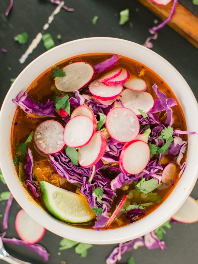 A from-scratch Red Pozole with Chicken recipe that is SUPER easy to make! This is by far one of my favorite soups!