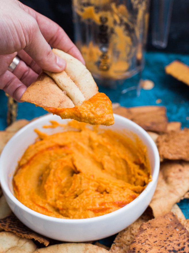 This sriracha hummus can be made in under 10 minutes, has bold flavor and nice heat that you'll want to put on everything!