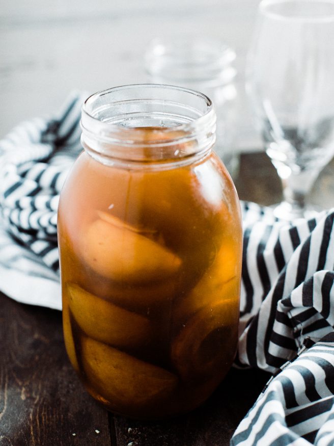 A homemade apricot whiskey, soaking fresh apricots in whiskey. When it was finally ready, I mad an amazing Apricot Whiskey Iced Tea Cocktail! 