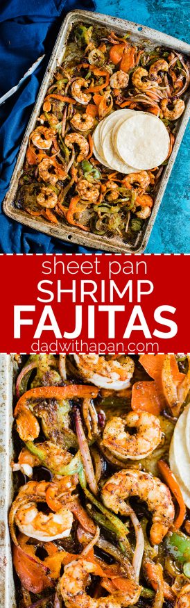 Spicy Shrimp fajitas with a homemade fajita seasoning. Cooked all on one sheet pan making this meal amazingly easy to prepare and cook!