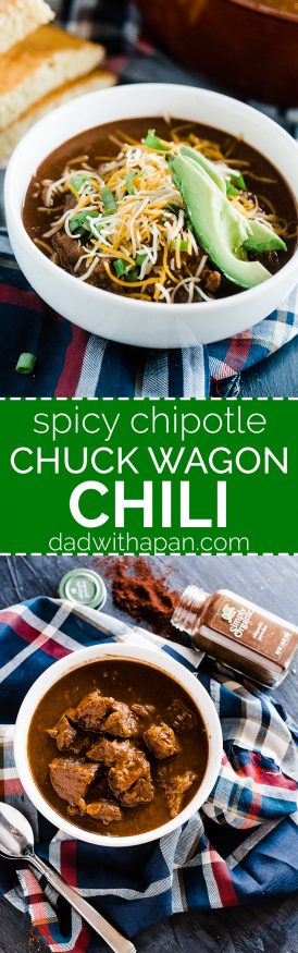 Spicy Chipotle Chuck Wagon Chili. Simmered in spicy serrano and jalapeno peppers, beer and bold Simply Organic Spices