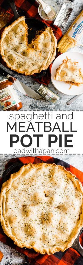 Spaghetti and Meatball Pot Pie is great one pan meal for the weekend. Spaghetti and Meatballs cooked with mozzarella and topped with pizza dough for crust!