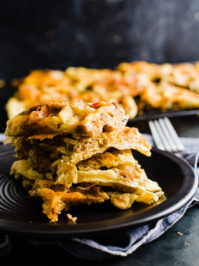 Frittata Waffles cooked with thanksgiving leftovers. This is an awesome way to make an easy breakfast the day after thanksgiving!