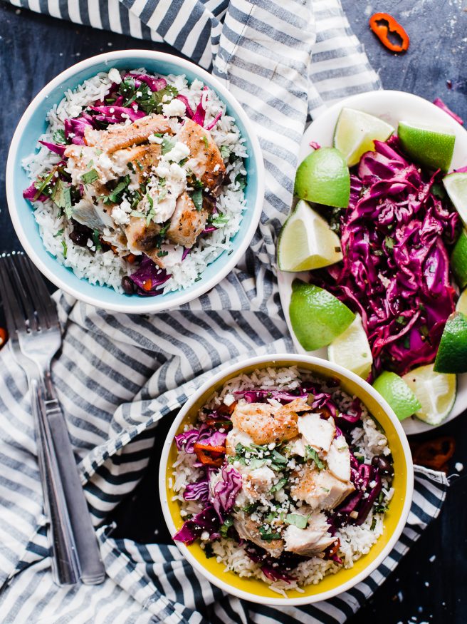 Fish Burrito Bowl with a spicy Cilantro Lime red cabbage slaw. Fresh and filling and makes a perfect weeknight meal! 