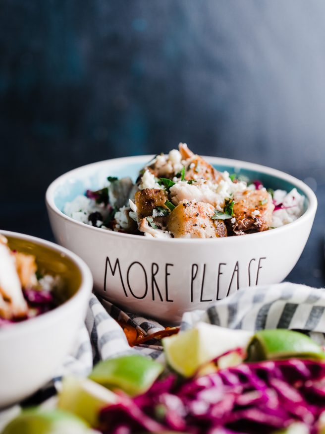 Fish Burrito Bowl with a spicy Cilantro Lime red cabbage slaw. Fresh and filling and makes a perfect weeknight meal! 