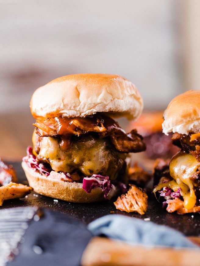 These Baby Back Ribs cheeseburger sliders, topped with a red cabbage slaw will blow your guests socks off this Fourth of July!