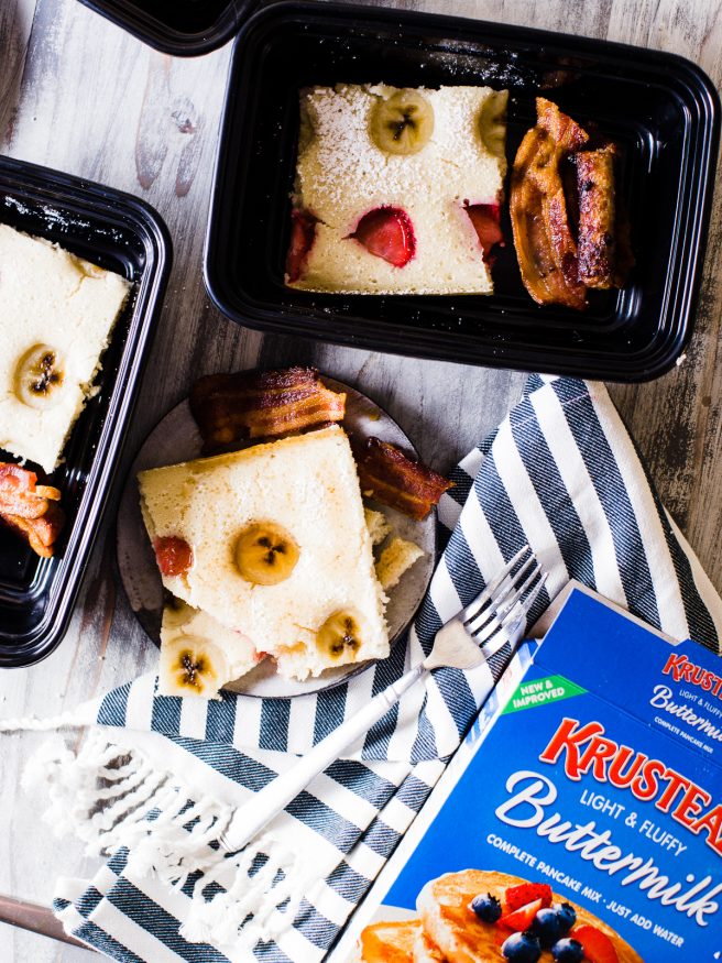 Sheet Pan Pancakes makes breakfast prep extremely easy. Adding fresh fruit on top of your pancakes in a sheet pan, to serve the whole family, or store in meal prep containers for the week! 