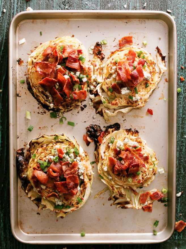 Roasted Cabbage Steaks topped with bacon and bleu-cheese make a great high protein low carb mean that has tons of flavor and easy to prep!