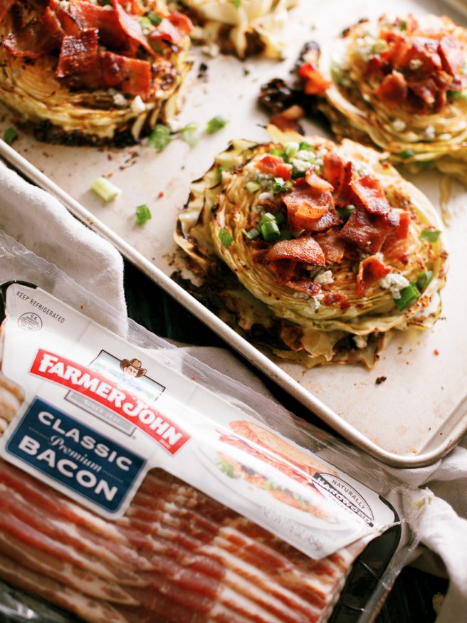 Roasted Cabbage Steaks topped with bacon and bleu-cheese make a great high protein low carb mean that has tons of flavor and easy to prep!