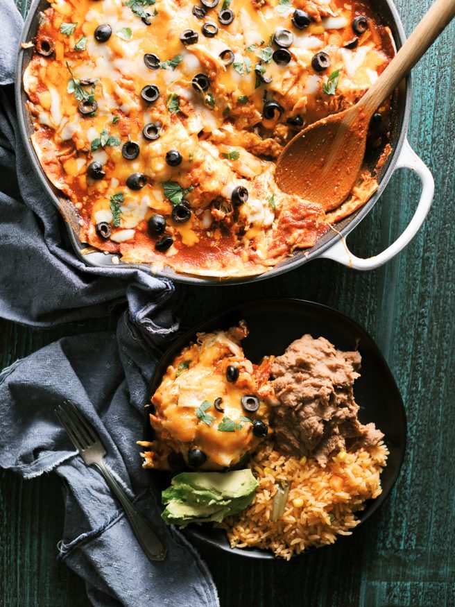 This chicken enchilada casserole skillet cuts down on prep time making this a delicious and easy dinner to get on the table for a crazy weeknight!