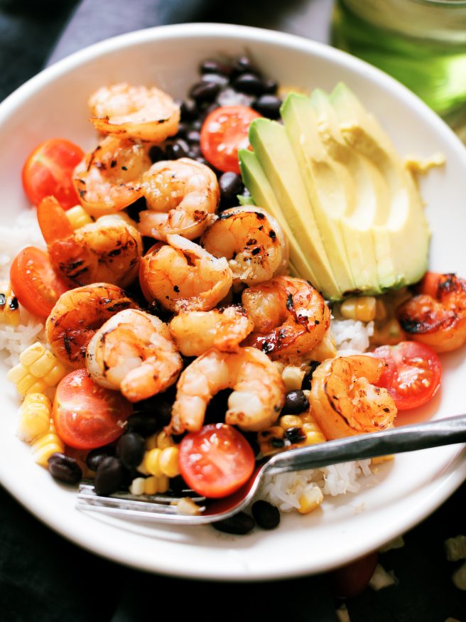 Spicy Honey Garlic Shrimp Bowl with a Honey Lime Garlic and Chili oil sauce that adds an amazing flavor with a little heat on the end!