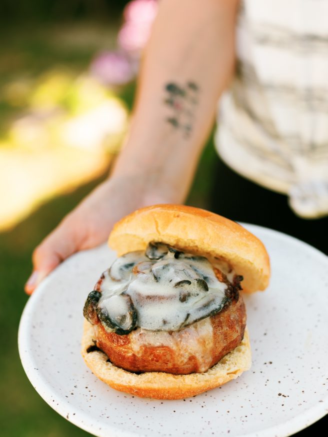 Bacon Wrapped Soda Can Burgers filled with Mac an Cheese for the kids, and grilled onion and mushroom with swiss for the adults! 