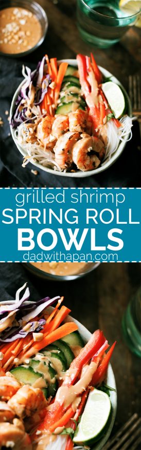 This spring roll bowl has grilled shrimp, rice stick noodles, and fresh veggies topped with a peanut sauce. Much easier to make than actual spring rolls!