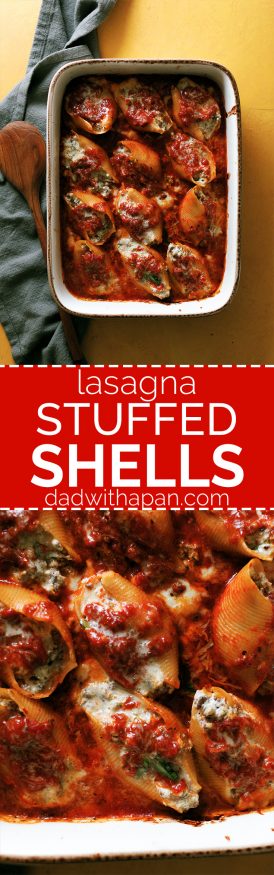 Lasagna stuffed shells with ground beef, ricotta and Italian seasonings, topped with mozzarella and can be made ahead of time!