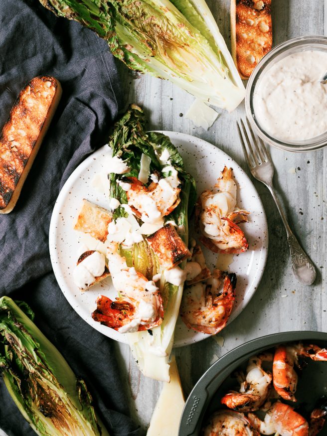 Grilled Caesar Salad, with grilled shrimp, grilled croutons, grilled romaine lettuce. The only thing that isn't grilled is the from scratch Caesar dressing!