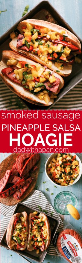 The smokiness from the sausage and bright, beautiful flavors from the pineapple
salsa go together perfectly in this awesome summer grilled sausage hoagie!
