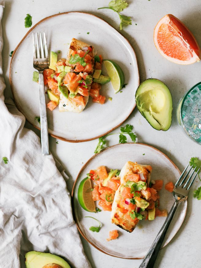 Quick and easy grilled Halibut topped with a zesty grapefruit avocado salsa is a great way to add a little freshness to your weeknight dinner. 