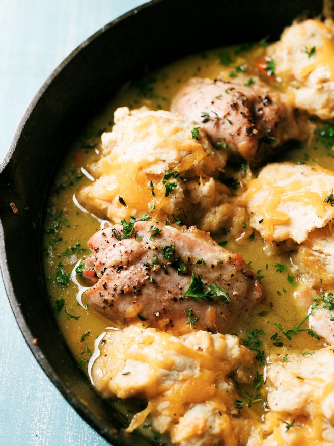 A Chicken and Dumplings skillet is cooked all in one pan. This savory dish is one of my favorite comfort foods!