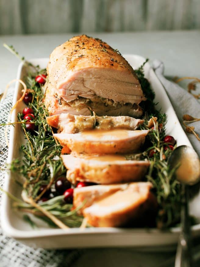 Roasted Turkey Breast tied in a roast, stuffed with an herbs and stuffing. Makes avoiding dark meat a thing of the past!