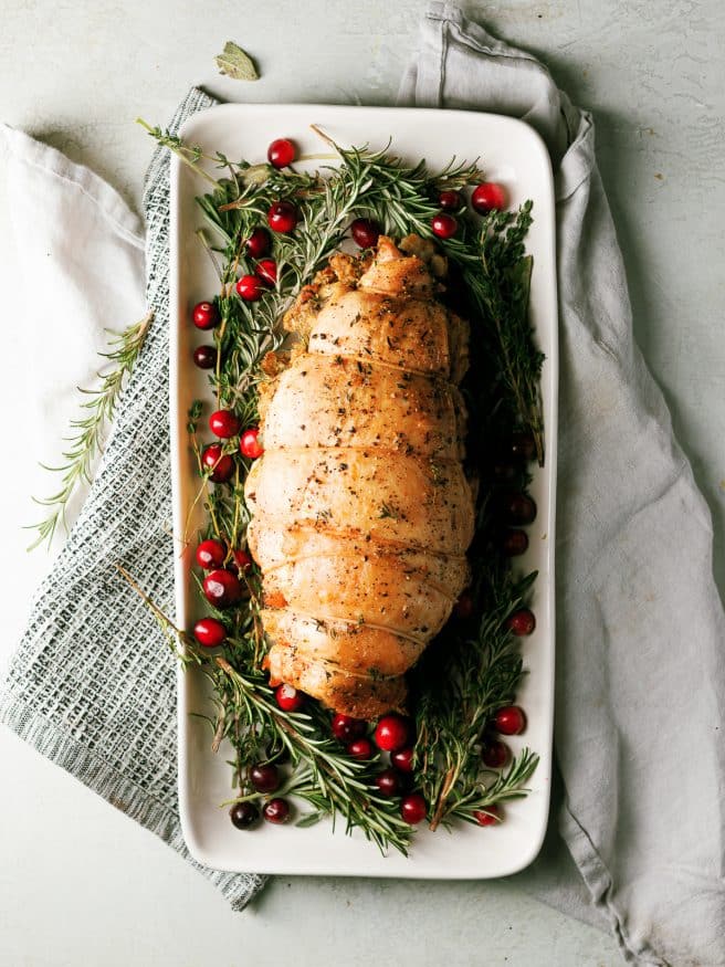 Roasted Turkey Breast tied in a roast, stuffed with an herbs and stuffing. Makes avoiding dark meat a thing of the past!