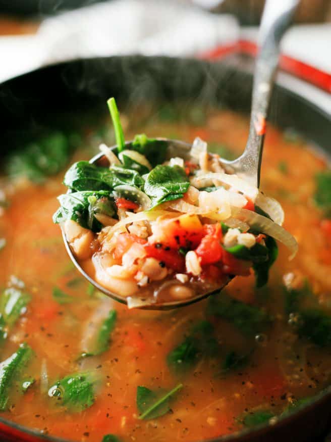 Bean and barley soup with fennel, fire-roasted tomatoes, spinach and parmesan cheese. Aweome soup for a cool weeknight! 