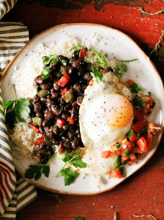 Cuban Beans take standard black beans to a whole other level. Seasoned with cumin and other spices along with some bell pepper and onions. 