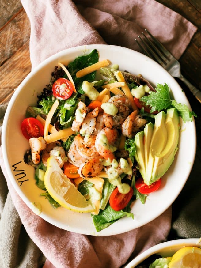 Grilled Shrimp Salad with Citrus Avocado Dressing seasoned with lemon garlic and a little cilantro. Perfect salad for the spring time! 