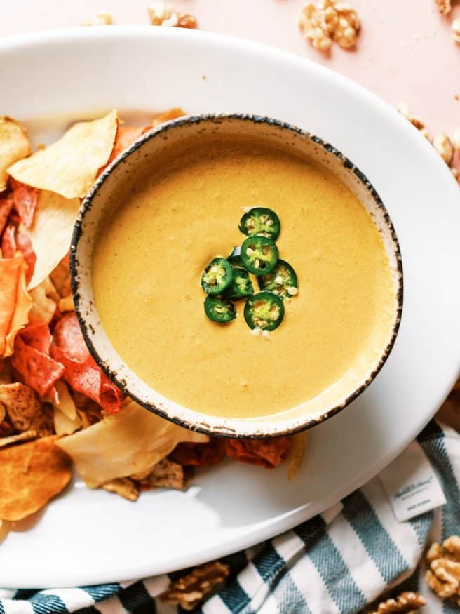 This Walnut Queso Dip is a light and healthy way to get your snacking on! It’s a great alternative to standard queso dip, plus it’s got a beautiful creaminess to it. 