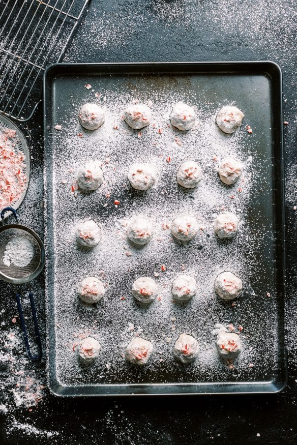 Snowball cookies with pecans on the inside, and crushed candy cane out the outside. One of my favorite cookies during Christmas!