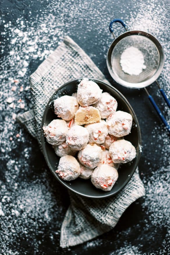 Snowball cookies with pecans on the inside, and crushed candy cane out the outside. One of my favorite cookies during Christmas!