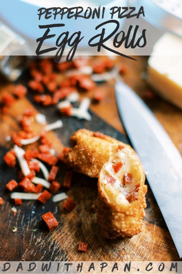 Pepperoni Pizza Egg rolls are exactly what they sound like. Peperoni, mozzarella and some Italian seasonings wrapped in an egg roll, then fried. 