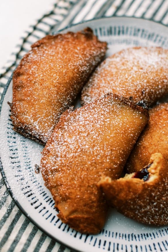 Fried peanut butter and jelly folded in half, then fried until crispy and golden brown. It's crispy sweet and savory - you need to try this!